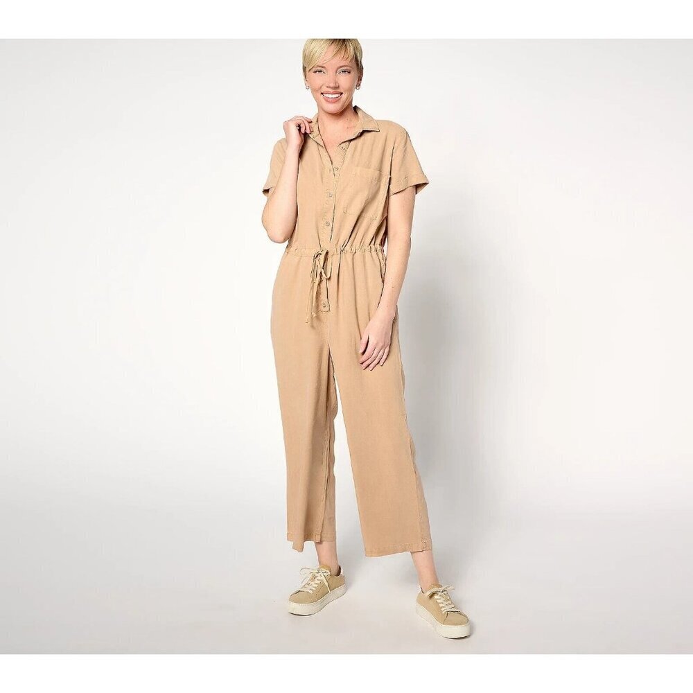 Side Stitch Short-Sleeve Wide-Leg Jumpsuit Warm Honey,Medium